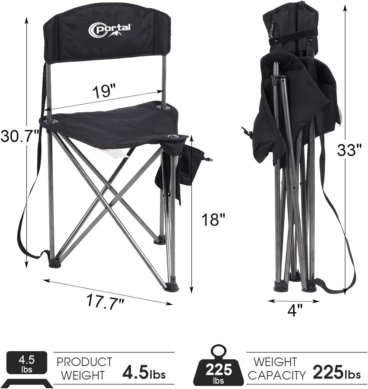 Portal Extra Large Quick Folding Tripod Stool with Backrest Fishing Camping Chair with Carry Strap
