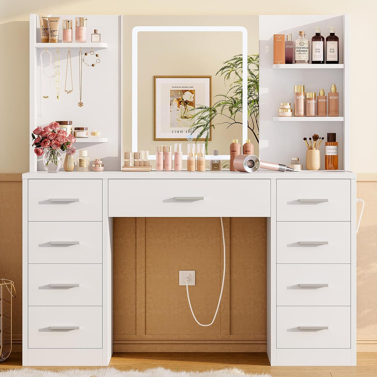 FIONESO Vanity Desk with Mirror and Lights, Makeup Vanity with 9 Drawers & Power Outlet, 5 Hooks & 6 Open Shelves, 3 Lighting Colors & Adjustable Brightness, White Vanity for Girls
