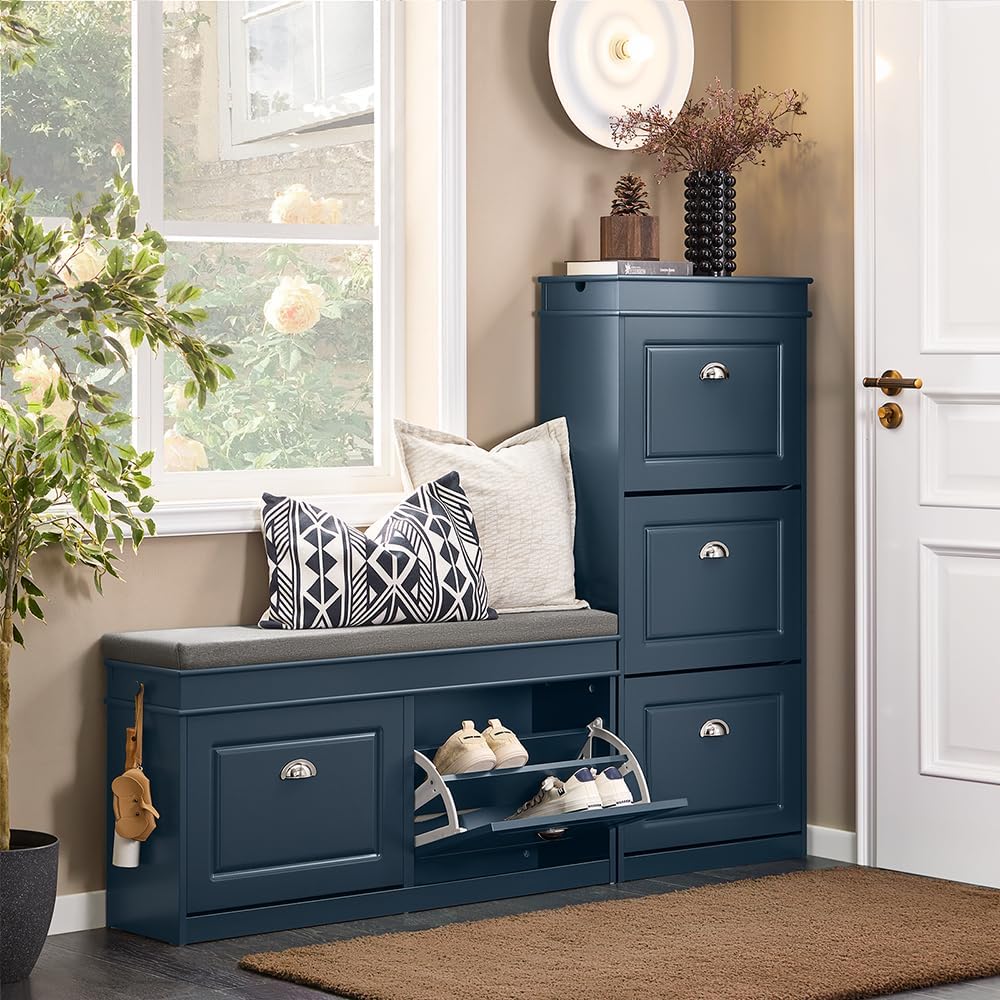 Haotian Shoe Storage Bench Entryway, Shoe Cabinet Bench with 2 Flip Drawers & Cushion, Modern Design Shoe Organizer for Hallway, Navy Blue FSR64-B