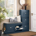 Haotian Shoe Storage Bench Entryway, Shoe Cabinet Bench with 2 Flip Drawers & Cushion, Modern Design Shoe Organizer for Hallway, Navy Blue FSR64-B