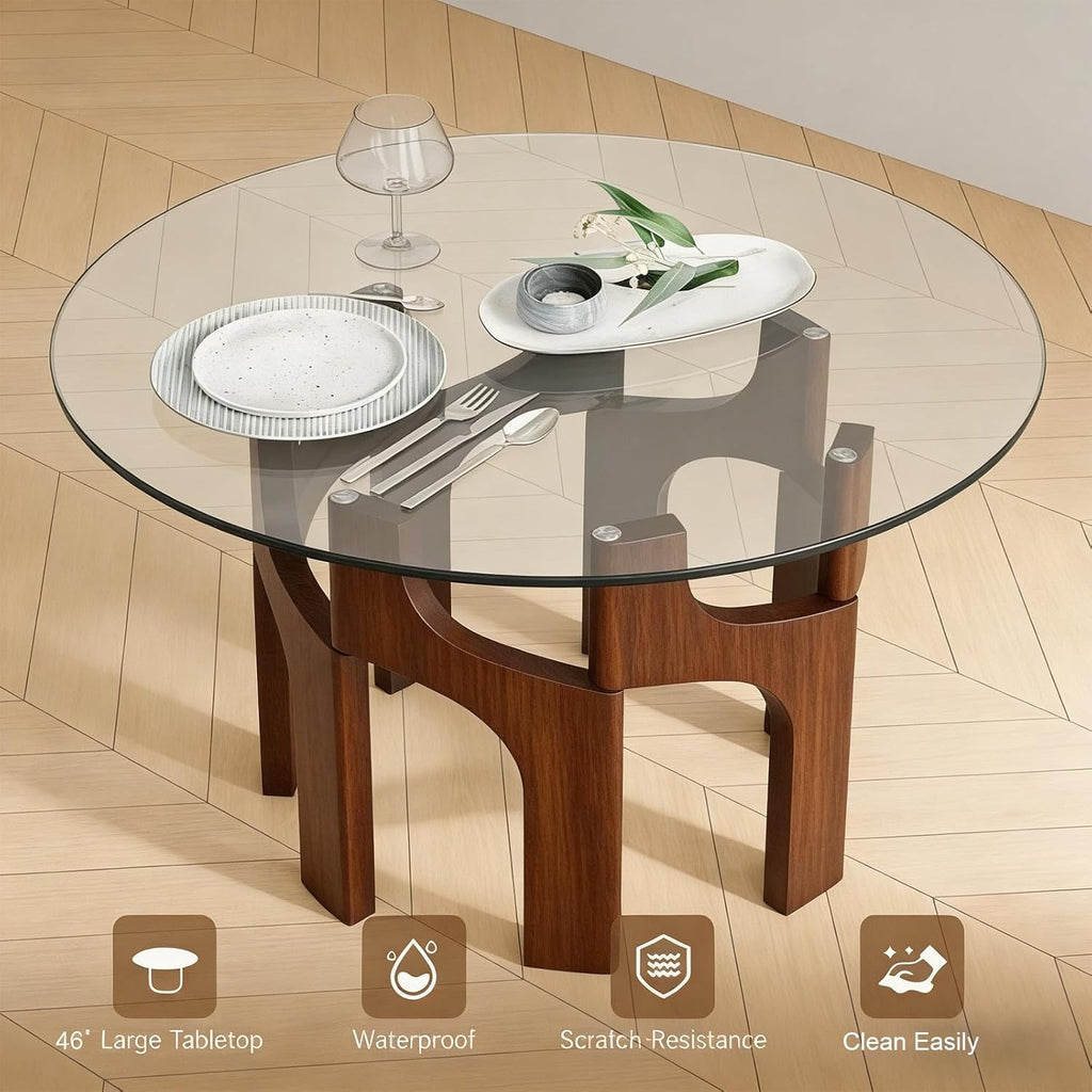 Round Glass Dining Table for 4-6, Modern 46-Inch Kitchen Table with Sturdy Pedestal Base & Clear Tempered Glass Top, Circle Dinner Table for Dining Room, Living Room & Small Apartment (Walnut)