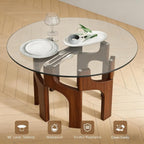 Round Glass Dining Table for 4-6, Modern 46-Inch Kitchen Table with Sturdy Pedestal Base & Clear Tempered Glass Top, Circle Dinner Table for Dining Room, Living Room & Small Apartment (Walnut)