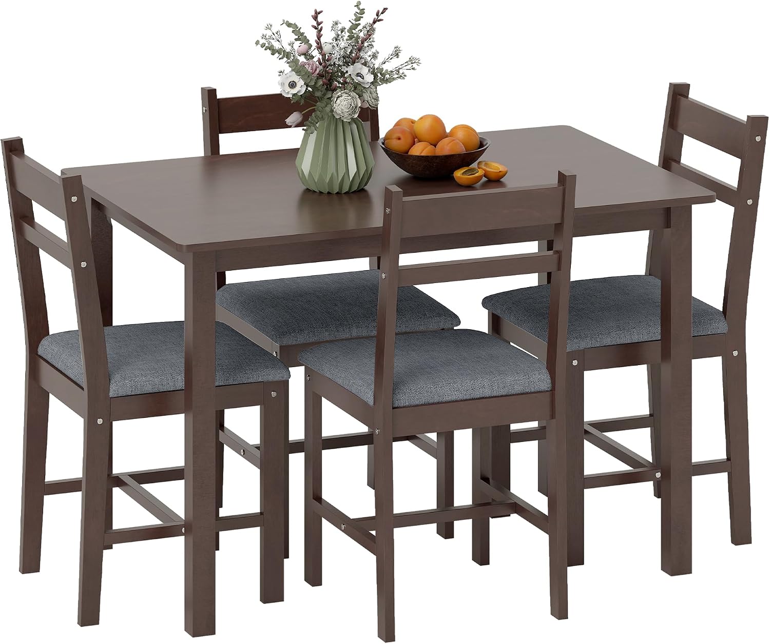 HOMCOM 5-Piece Solid Wood Dining Table Set for 4, Walnut and Gray | Farmhouse Kitchen Table, Upholstered Chairs, Small Space, Dining Room, Breakfast Nook