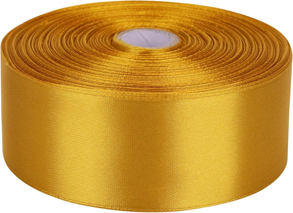 1-1/2 inch Golden Satin Ribbon 50 Yards Solid Fabric Ribbons Roll for Wedding Invitations, Bridal Bouquets, Sewing, Party Decorations, Gift Wrapping and More