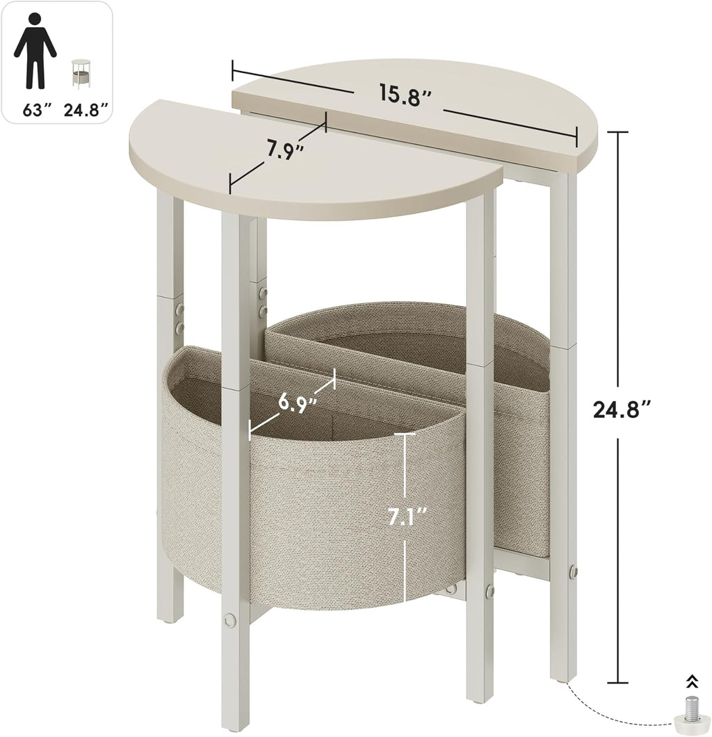 Vagusicc Small Round Side Table End Table, Tall Accent Table with Storage Basket, Set of 2 Half Round Tables Half Moon Tables, Coffee Bedside Tables, Modern Nightstand for Living Room Bedroom, Cream