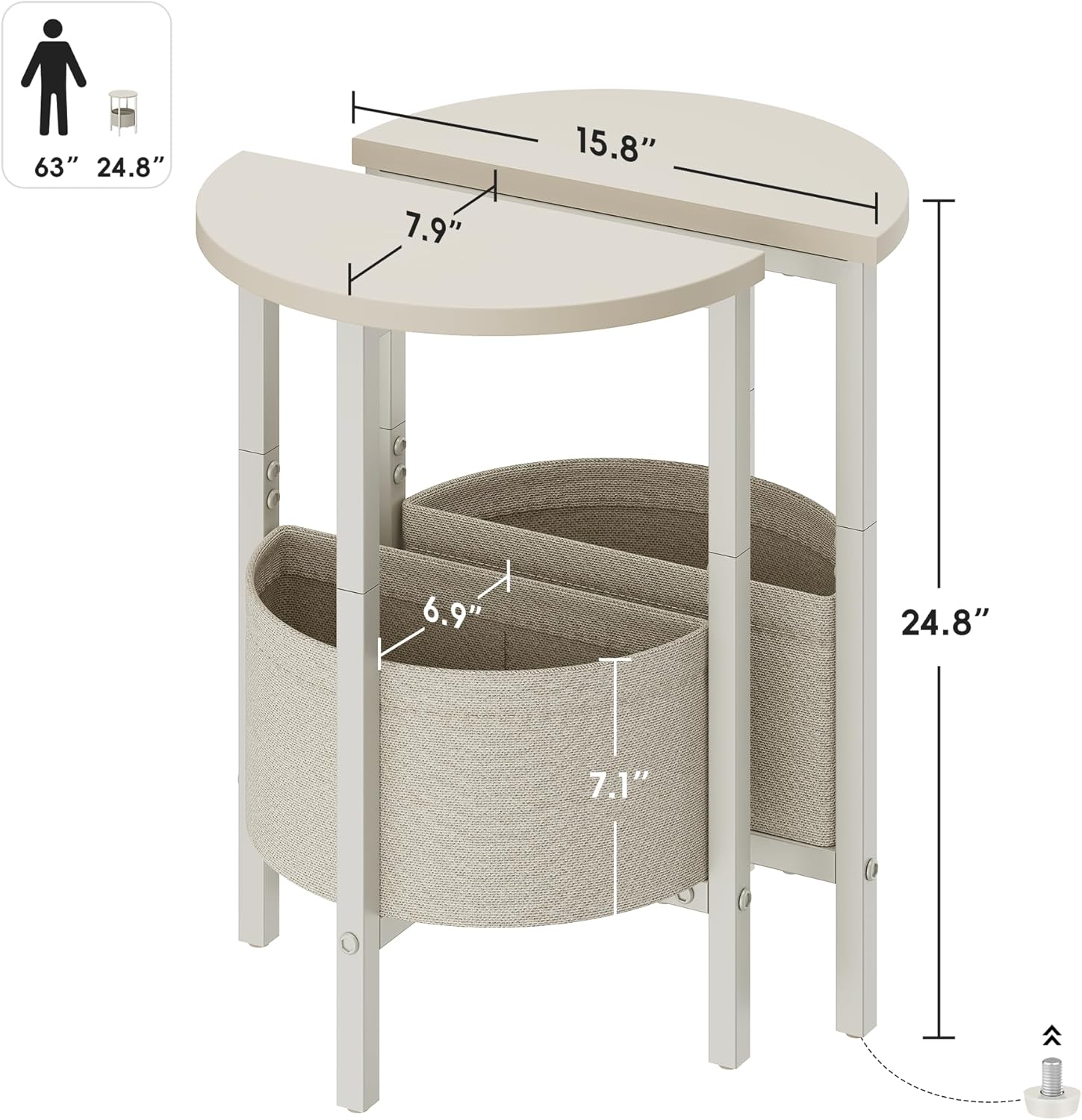 Vagusicc Small Round Side Table End Table, Tall Accent Table with Storage Basket, Set of 2 Half Round Tables Half Moon Tables, Coffee Bedside Tables, Modern Nightstand for Living Room Bedroom, Cream