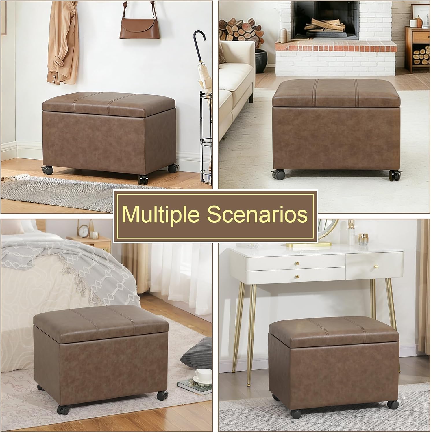 Asense 24-inch Rolling Storage Ottoman Bench, Upholstered Faux Leather Footrest with Wheels,Safety Hinge,Small Entryway Bench with Storage for Living Room, Bedroom,Brown