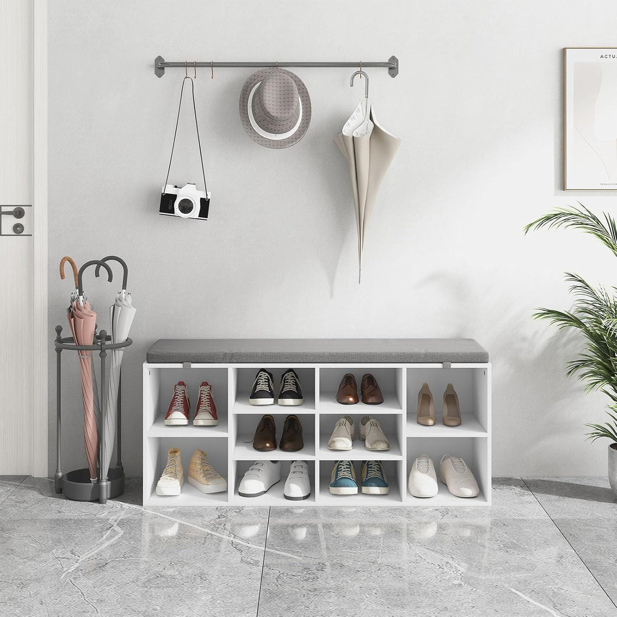 NUNU LAB Shoe Storage Bench, Shoe Bench with Removable Cushion 10 Cubbies, Space Saving Shoe Rack, 41 x 12 x 16.75 Inches, White