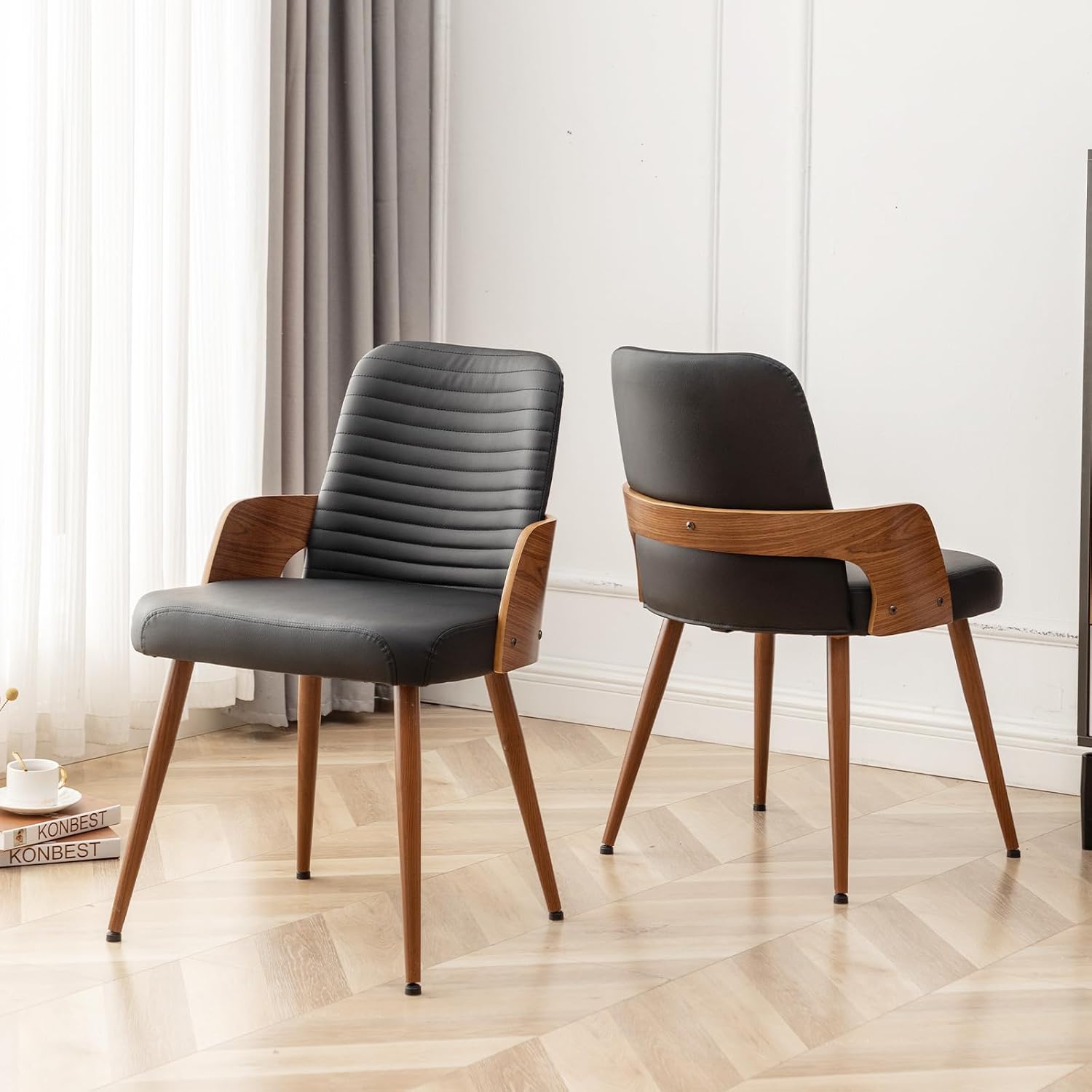 Dining Room Chairs,Mid Century Modern Kitchen Chairs,Upholstered Faux Leather Accent Chairs,Metal Legs Wooden Desk Chairs,Armless and No Wheels for Kitchen Dining Living Room,Black,1PCS