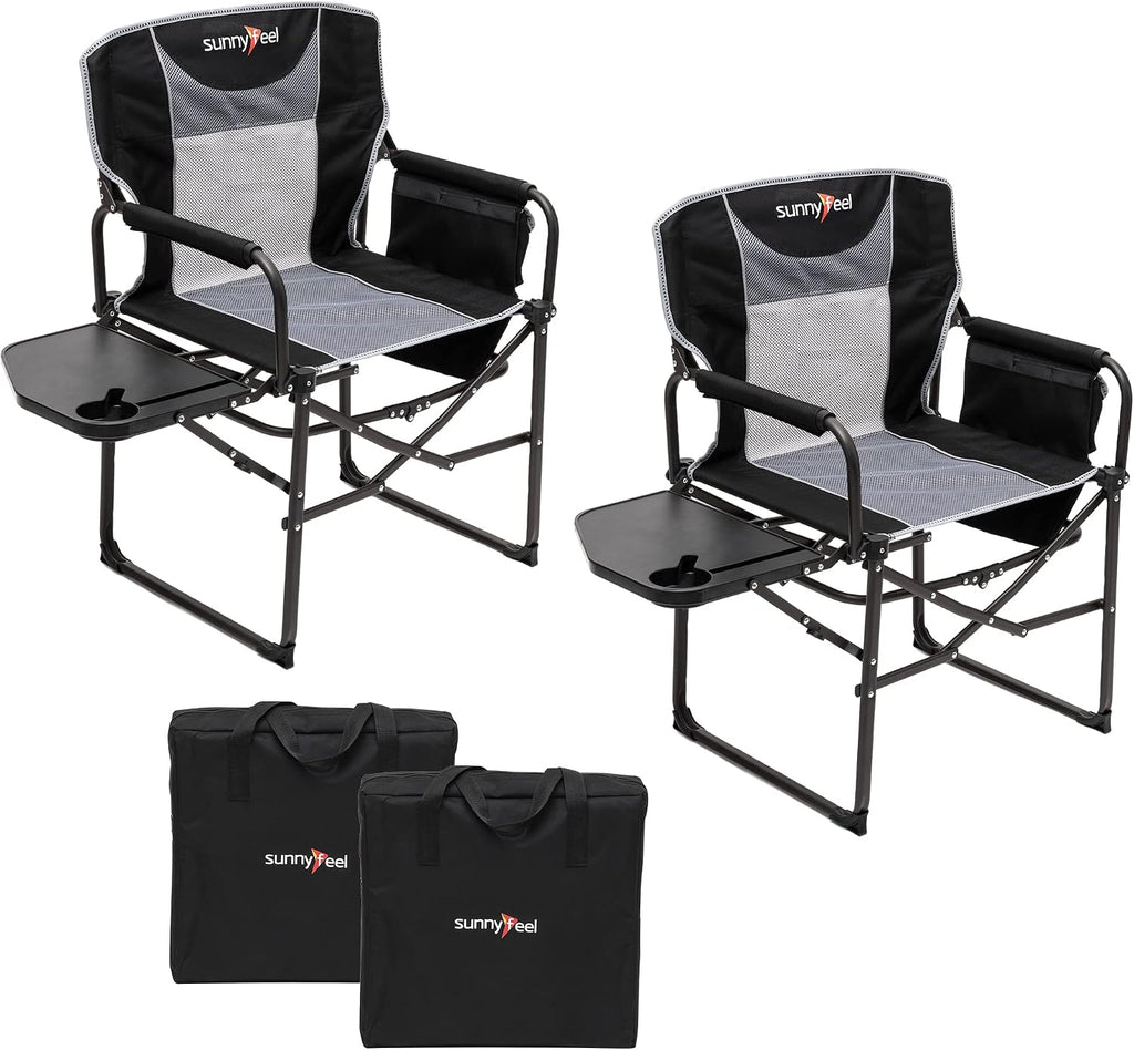 SUNNYFEEL Oversized Camping Chair Portable Directors Chairs with Side Table | Heavy Duty Folding Lawn Chair for Adults 300LBS with Compact Size, Breathable Mesh, Pocket & Carry Bag for Outdoor, Lawn, RV