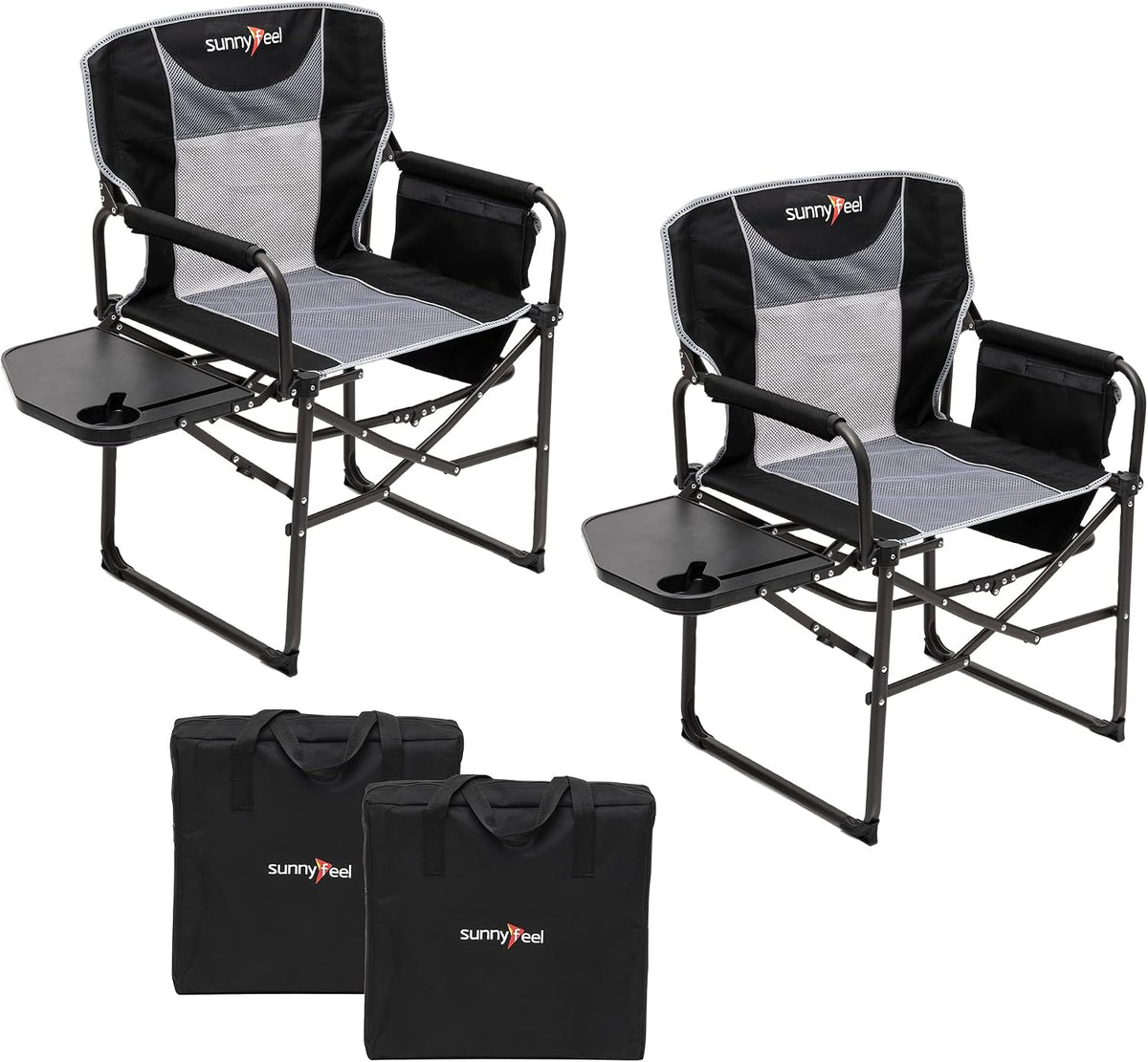 SUNNYFEEL Oversized Camping Chair Portable Directors Chairs with Side Table | Heavy Duty Folding Lawn Chair for Adults 300LBS with Compact Size, Breathable Mesh, Pocket & Carry Bag for Outdoor, Lawn, RV