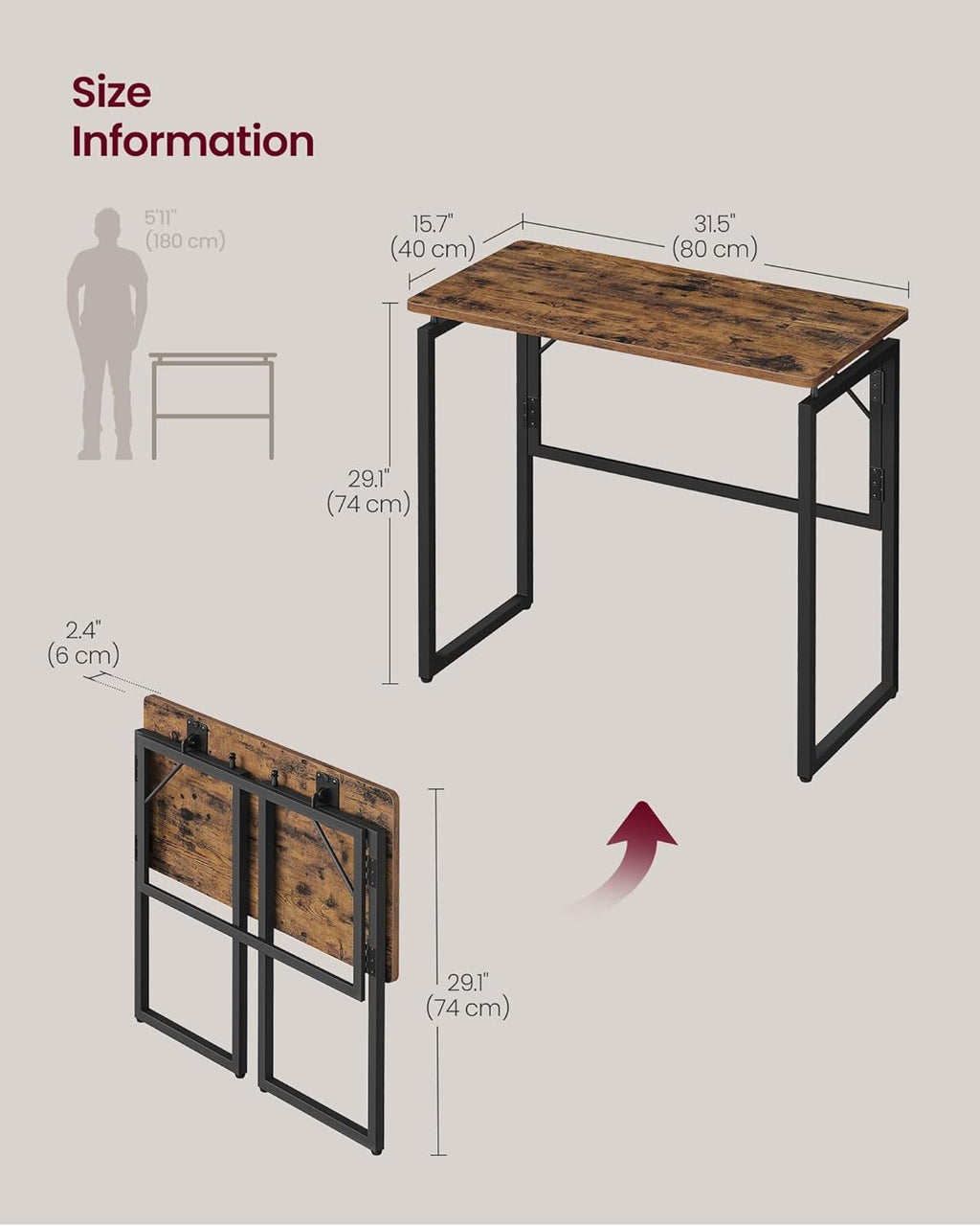 VASAGLE Folding Desk, Small Computer Desk, Foldable Table 31.5 Inch | One-Piece Desktop,Folding Table for Bedroom, Balcony, Camping, Easy Assembly, Rustic Brown, ULWD151KD01