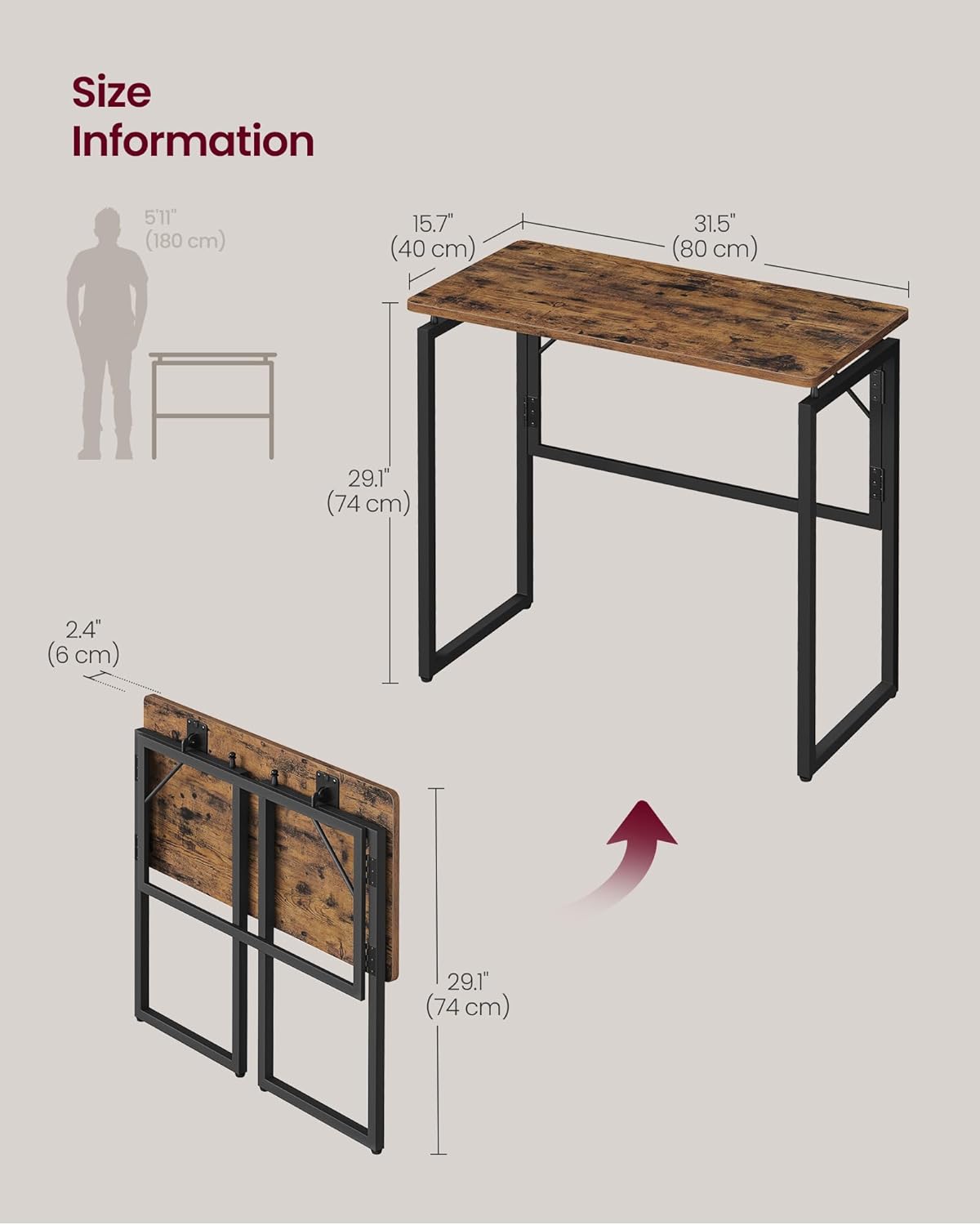 VASAGLE Folding Desk, Small Computer Desk, Foldable Table 31.5 Inch | One-Piece Desktop,Folding Table for Bedroom, Balcony, Camping, Easy Assembly, Rustic Brown, ULWD151KD01