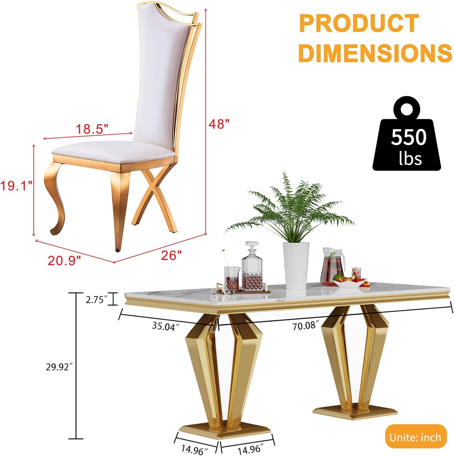 7 Piece Marble Dining Table Set for 6, Luxury Gold Kitchen Table and Chairs Set of 6, 68" White Marble Pedestal Dining Room Table with 6 PU Leather Chairs for Kitchen Dinette Furniture