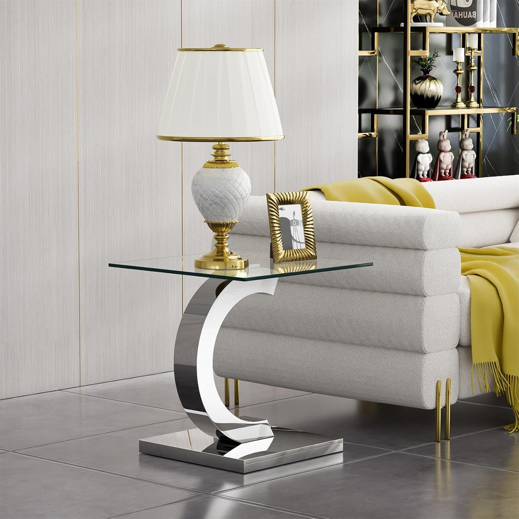 Modern Glass End Table Small Silver Side Table with Gorgeous Stainless Steel Base Square Glass Nightstand End Table Small Bedside Table Couch Sofa Table for Living Room Bedroom