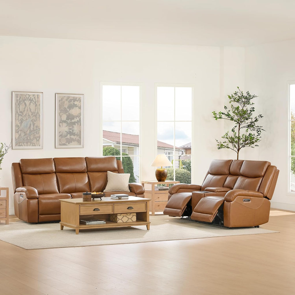 Watson & Whitely Genuine Leather Power Recliner Sofa & Loveseat Set, Saddle | Wall Hugger Reclining Sofas, Power Headrest, Center Storage Console, Charging Ports, Cup Holders, Living Room Furniture Set