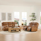 Watson & Whitely Genuine Leather Power Recliner Sofa & Loveseat Set, Saddle | Wall Hugger Reclining Sofas, Power Headrest, Center Storage Console, Charging Ports, Cup Holders, Living Room Furniture Set