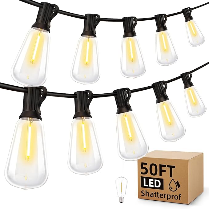 Outdoor String Led Patio Lights - 50Ft 15M Outside Waterproof Light ST38 Shatterproof Bulb Connectable Hanging Outdoor Electric Lighting for Backyard Yard Gazebo Porch Party