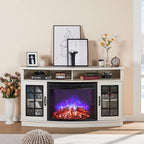 LUXOAK 59" Curved Fireplace TV Stand with Storage Cabinet for TVs Up to 65" | Built 26" Electric Fireplace, Farmhouse Entertainment Center with Open Shelves, Media TV Console for Living Room, White