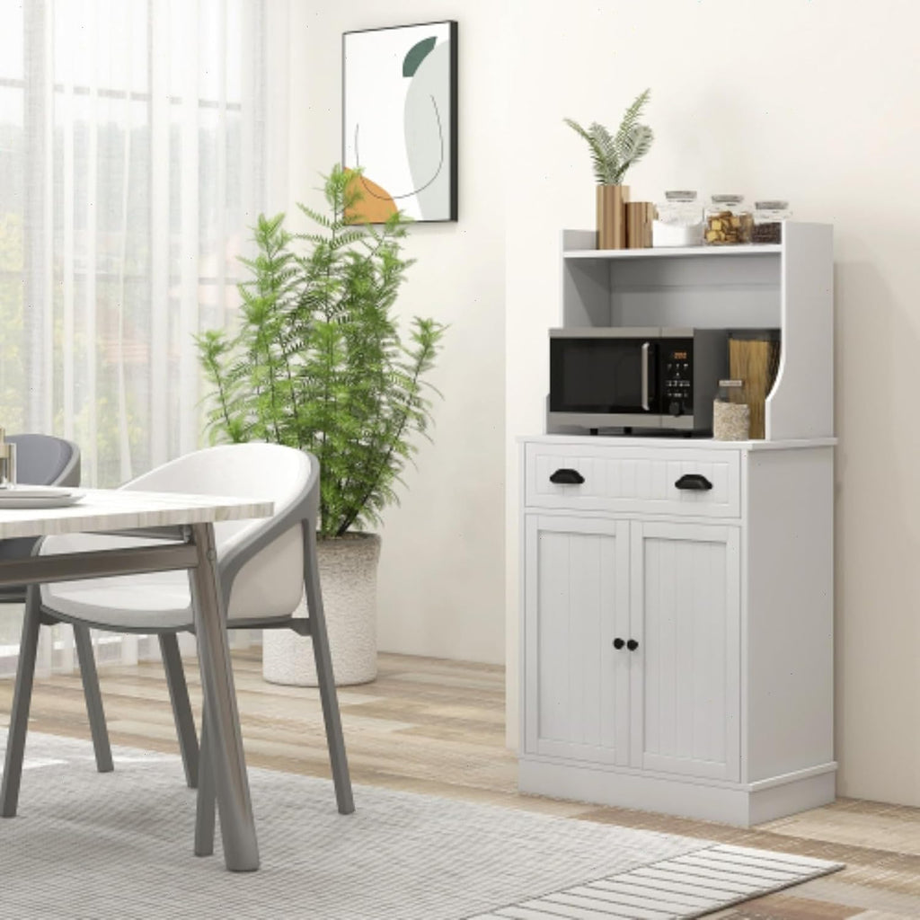 49" Kitchen Microwave Cabinet/Stand with Storage and Drawers, Pantry Storage Cabinet with Hutch & Adjustable Shelves for Kitchen, Dining Room, Living Room, Hallway in White