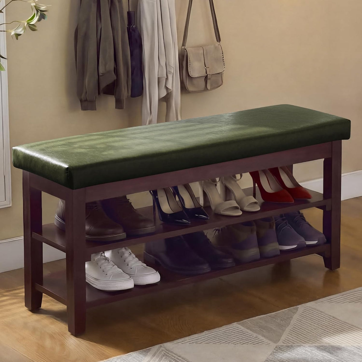 40" Faux Leather Shoe Storage Bench Entryway, Upholstered Bench with Leather Cushion, Solid Wooden 2 Tier Rack Shoe Organizer for Entry Way, Bedroom, Living Room, Green
