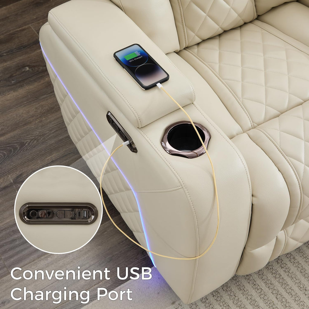 Power Recliner Sofa with Adjustable Headrest, Wireless Charger for Living Room, Electric Reclining Couch with LED Lights, Faux Leather 3 Seaters with Recliner,Home Theater Seating w/ LED Lights,Beige