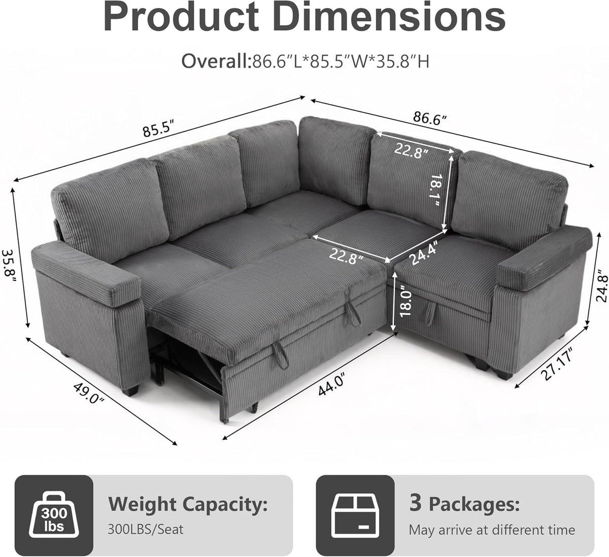 86 Inch L Shaped Sectional Sleeper Sofa with Storage, Sectional Modular Couch with Pull Out Bed, 5 Seats Chenille Cloud Couches for Living Room, Small Sofa Bed for Apartment, Office (Gray, 5-seat)
