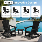 Adirondack Rocking Chair with Retractable Ottoman Set of 2,Outdoor Folding Adirondack Chair with Cup Holder,HDPE All-Weather Patio Lounge Chair for Porch,Lawn, Poolside, Black