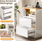 VINGLI White Nightstand with Charging Station, High Gloss Led Night Stand with Drawers, End Table, Bedside Table, Smart Nightstand Modern, Small Night Stand for Bedroom, 15.63" W*11.61" D*23.62" H
