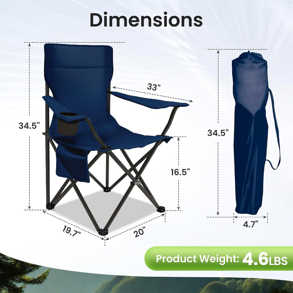 Portable Camping Chair 2 Pack, Folding Outdoor Chair with Cup Holder & Side Pocket for Camping, Hiking, Picnic, Beach (Navy Blue, 2 Pack)
