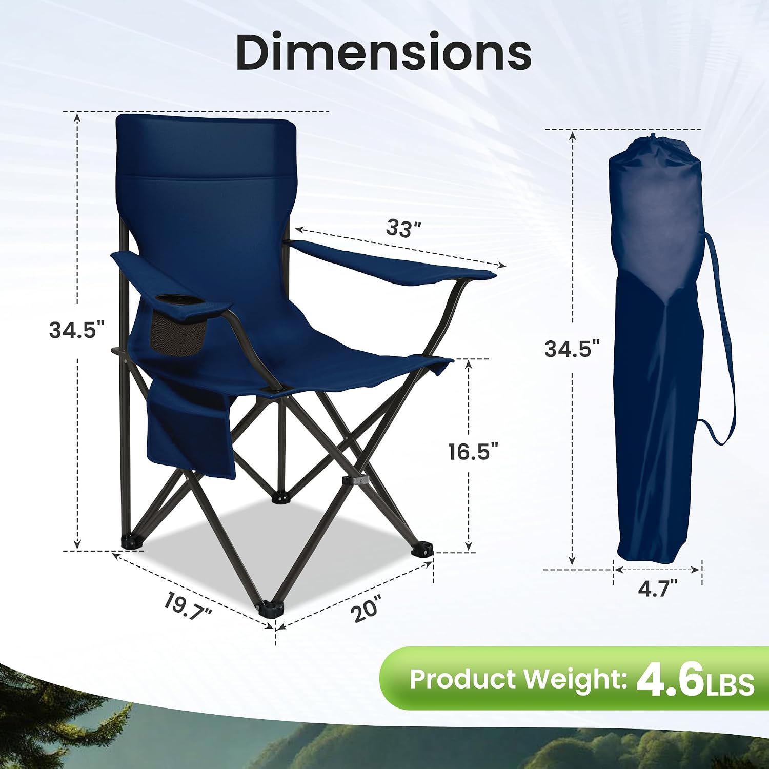 Portable Camping Chair 2 Pack, Folding Outdoor Chair with Cup Holder & Side Pocket for Camping, Hiking, Picnic, Beach (Navy Blue, 2 Pack)