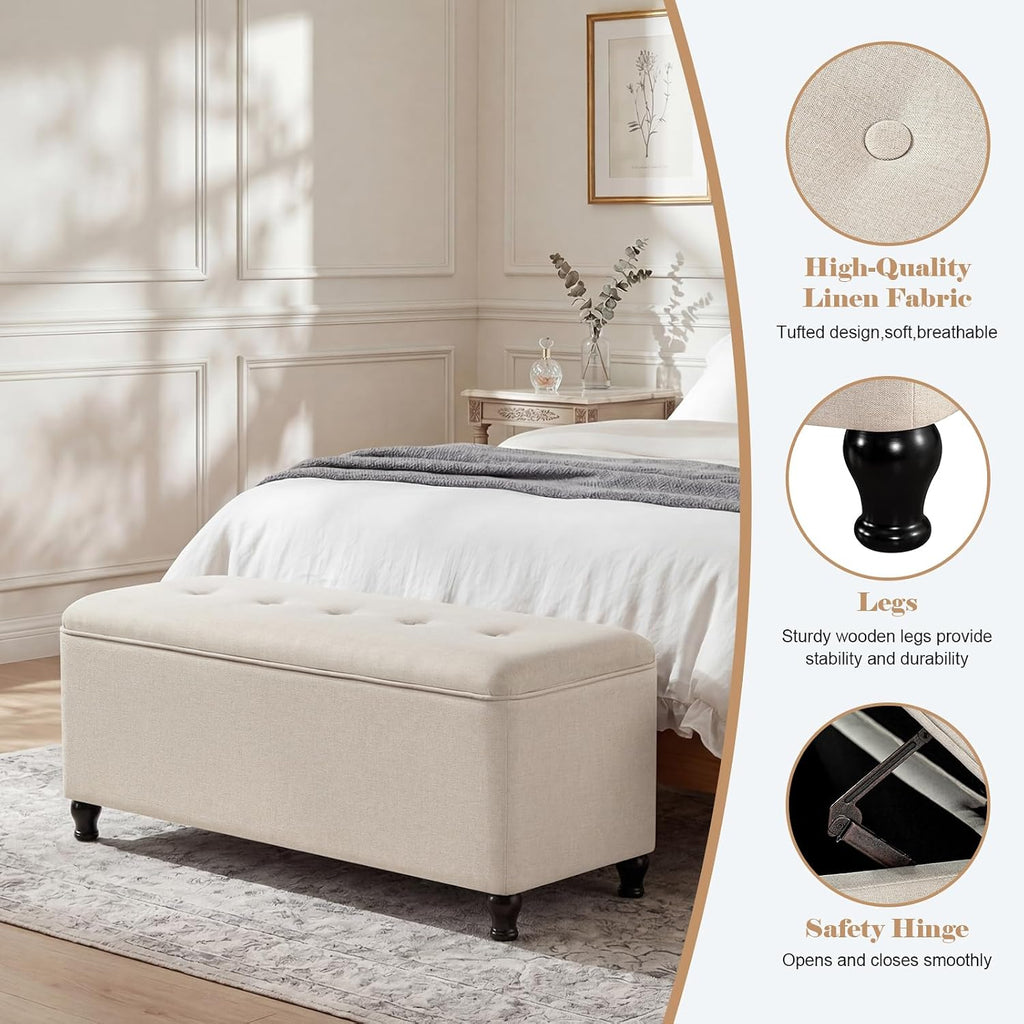 Homebeez 41" Linen Storage Ottoman Bench with Button Tufted Top & Wooden Legs, Upholstered Storage Bench for Bedroom, Entryway, Living Room