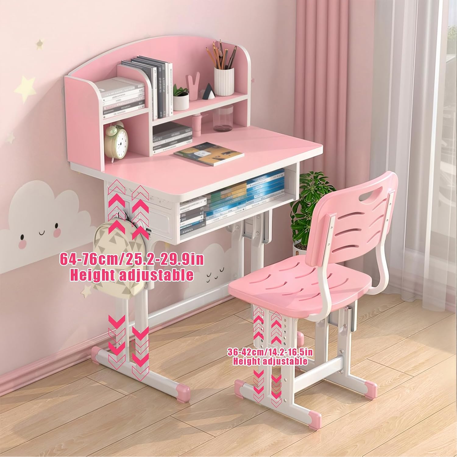 hatleues Kids Desk and Chair Set for 3-12 Year Old, Height Adjustable School Study Desk with Storage Drawer & Book Stand, Ergonomic Student Writing Table for Girls Boys Pink