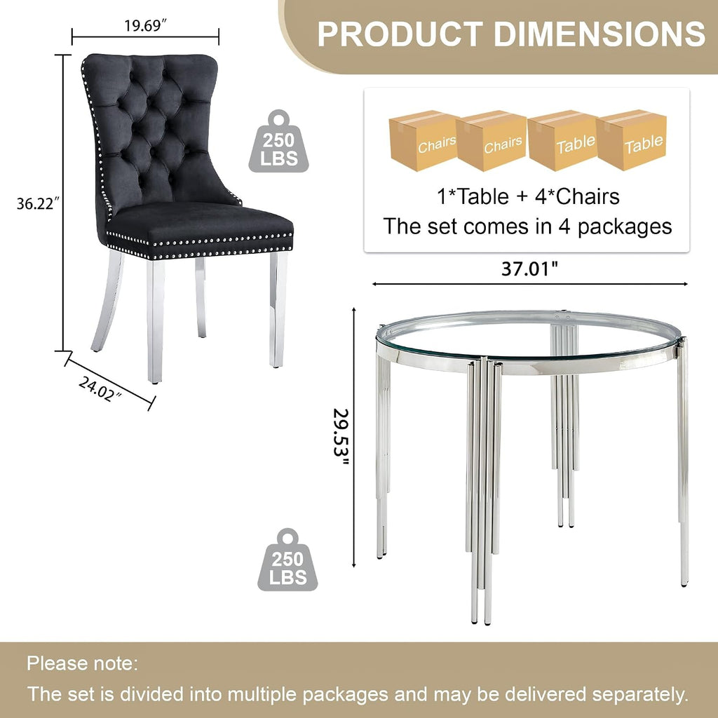 Luxury Round Glass Silver Dining Table Set for 4, 5-Piece Modern Kitchen Table Set with 4 Black Velvet Chairs for Kitchen Dining Room Apartment
