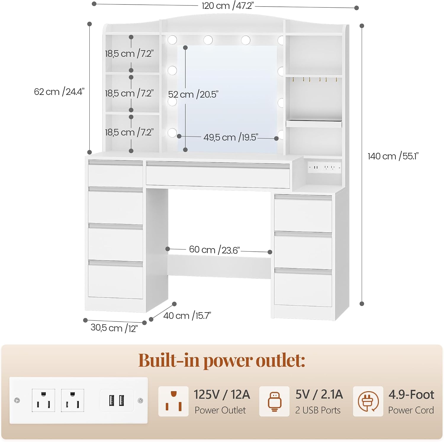 HEXCELEN 47" Vanity Desk with LED Lights, 8 Drawers, 20" Mirror, 2AC+2USB Charging, FSC Wood White Makeup Vanity