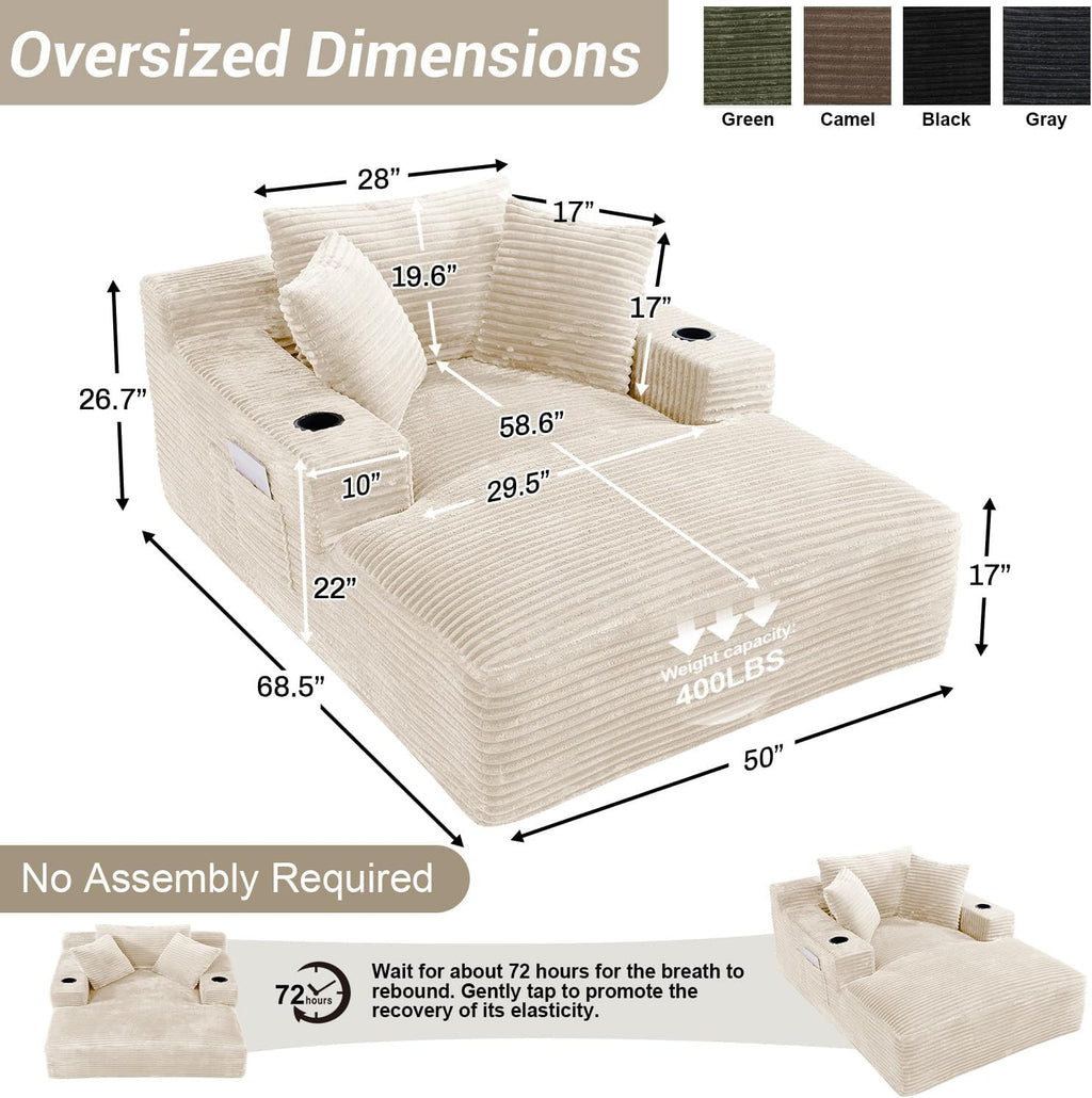 50" x 68" Corduroy Chaise Lounge, Cup Holders, Beige | Oversized corduroy chaise with a deep sleeper seat, built-in cup holders, and 3 pillows for reading, lounging, or naps.