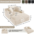 50" x 68" Corduroy Chaise Lounge, Cup Holders, Beige | Oversized corduroy chaise with a deep sleeper seat, built-in cup holders, and 3 pillows for reading, lounging, or naps.