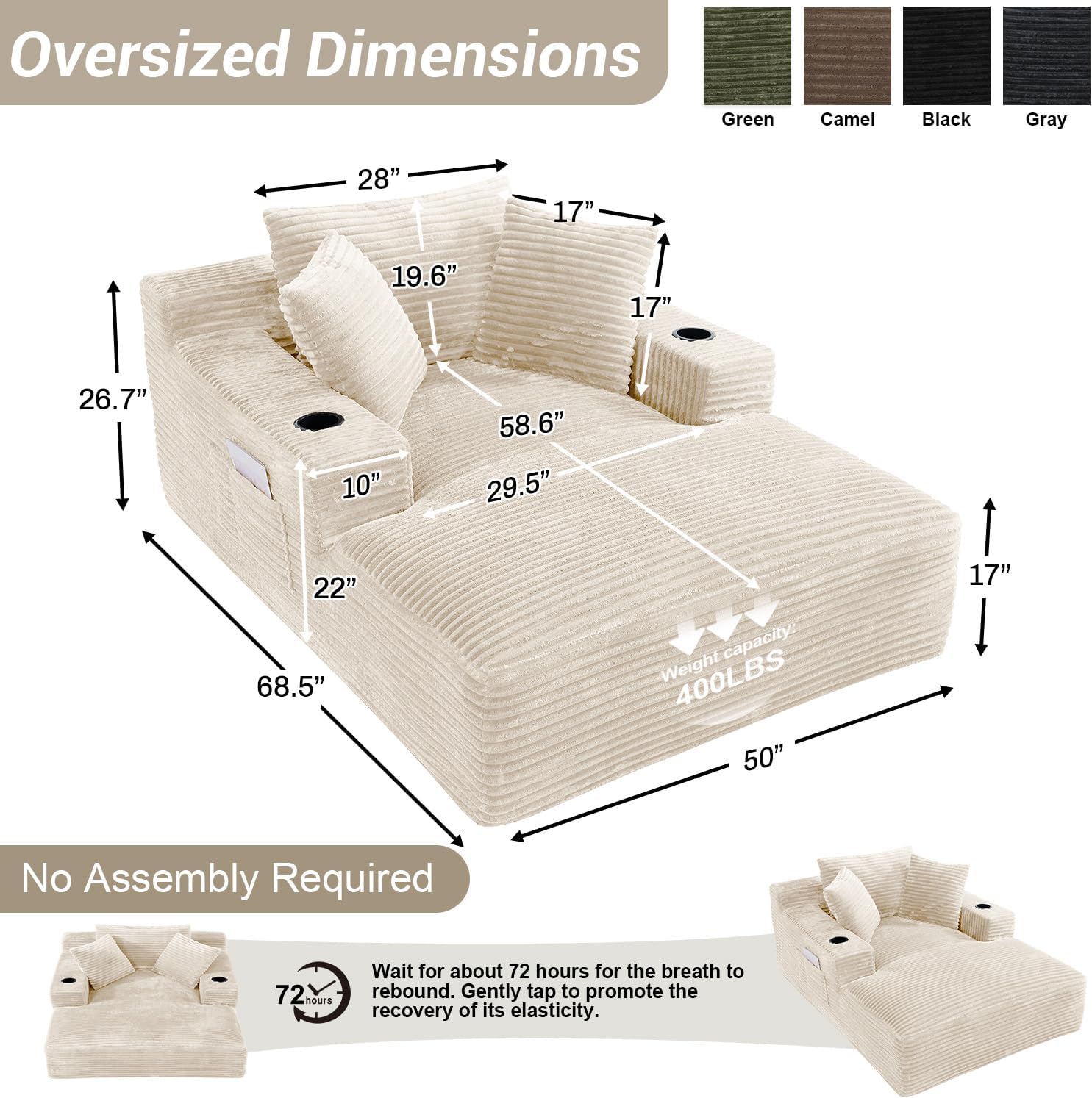 50" x 68" Corduroy Chaise Lounge, Cup Holders, Beige | Oversized corduroy chaise with a deep sleeper seat, built-in cup holders, and 3 pillows for reading, lounging, or naps.