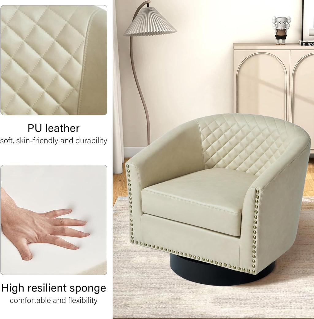 Swivel Barrel Accent Chair Set of 2, Comfy Modern Upholstered Round Faux Leather Arm Chair for Living Room, Bedroom -Beige