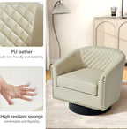 Swivel Barrel Accent Chair Set of 2, Comfy Modern Upholstered Round Faux Leather Arm Chair for Living Room, Bedroom -Beige