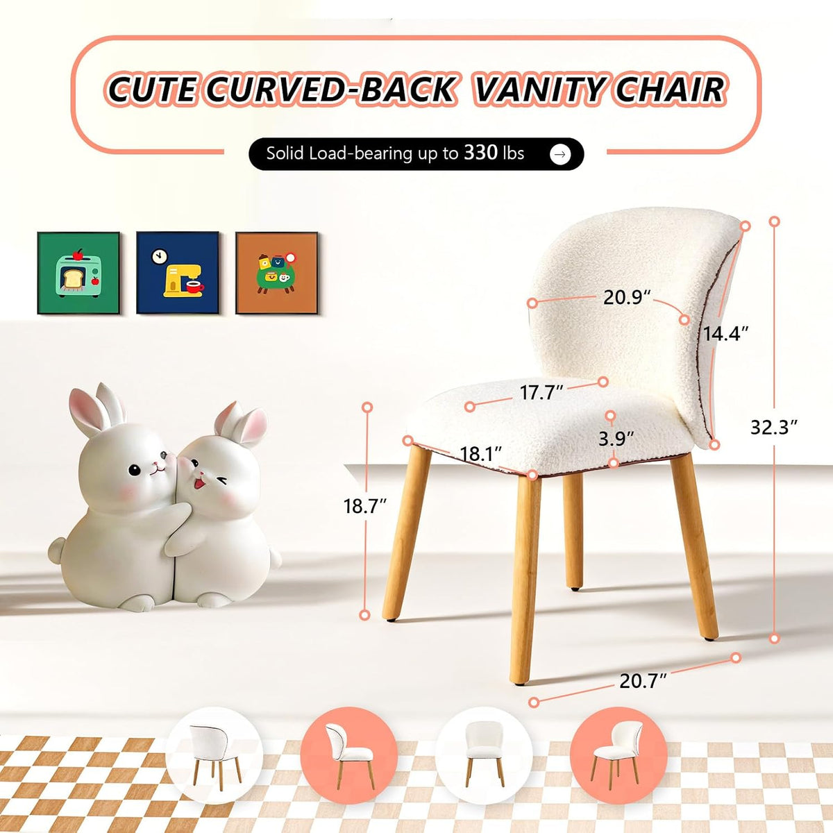 VINGLI Chenille Curved-Back Armless No Wheels Vanity Chair for Girls, Cute & Furry Upholstered Desk Chair with Solid Wood Legs for Study/Makeup/Bedroom/Dressing, Fluffy Makeup Chair for Teens, White