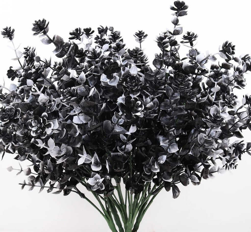Black Artificial Flowers, Fake Outdoor UV Resistant Plants Faux Plastic Greenery Shrubs Indoor Outside Hanging Planter Home Kitchen Office Wedding, Garden Decor (White+Black)