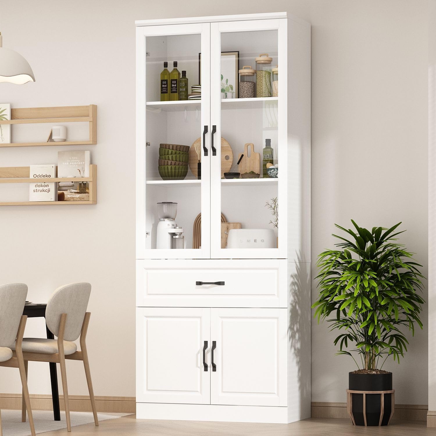 MOUMON Pantry Cabinet Kitchen Storage Cabinet with Glass Doors, Kitchen Pantry with Shelves & Drawer, for Living Room White (31.5”W x 15.7”D x 78.7”H), Small