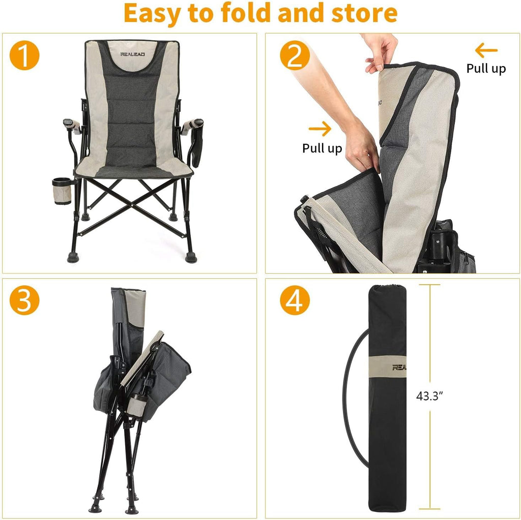 REALEAD Camping Chairs for Adults - Heavy Duty Folding Chairs for Outside Support 400 LBS - Padded High Back Camp Chair with Movable Backrest - Portable Lawn Chairs for Outdoor Sports
