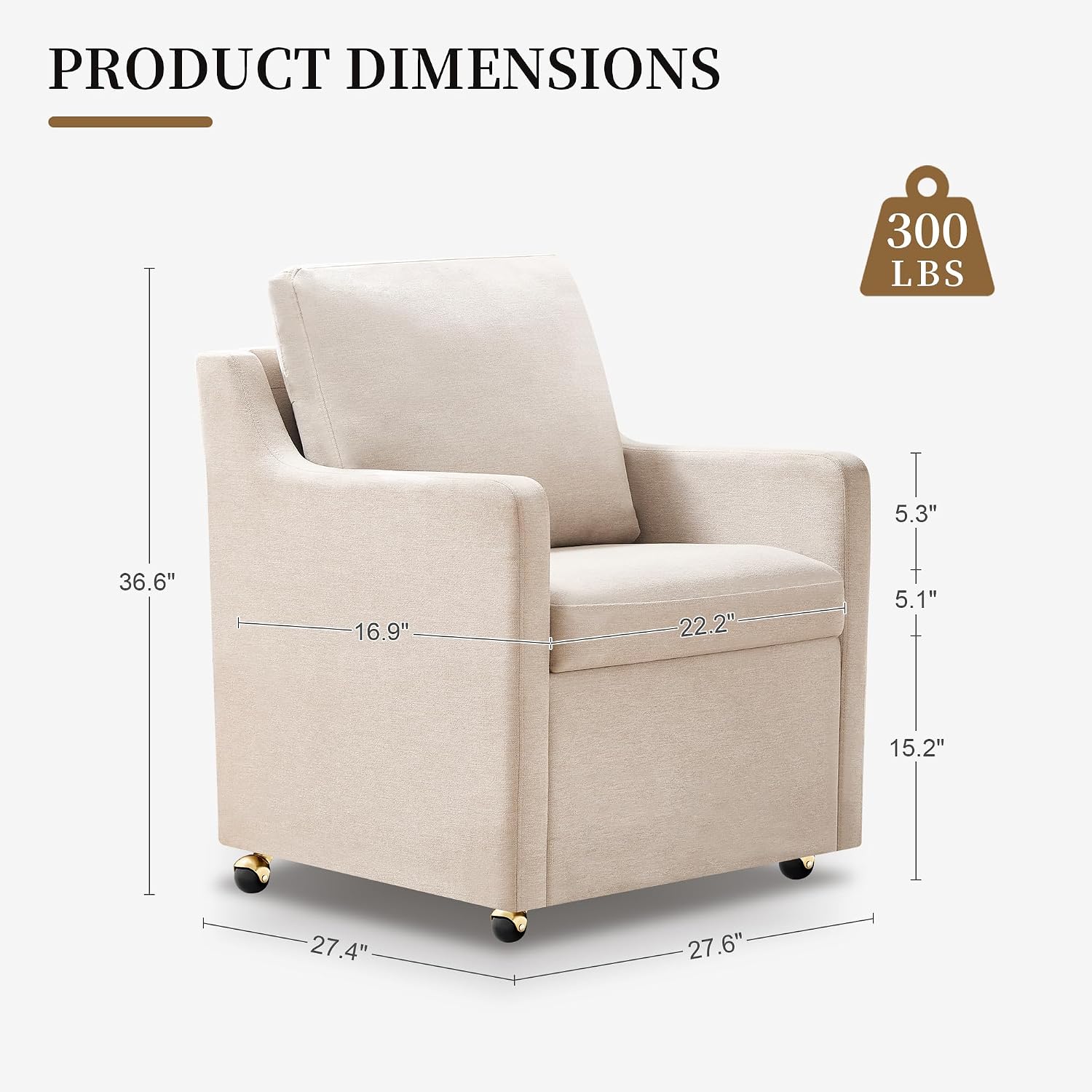 Modern Dining Chair, Linen Upholstered Dining Chairs with Back Pillow and 4 Casters, Accent Armchair for Reading Room Living Room Bedroom (Beige-1 Seat)