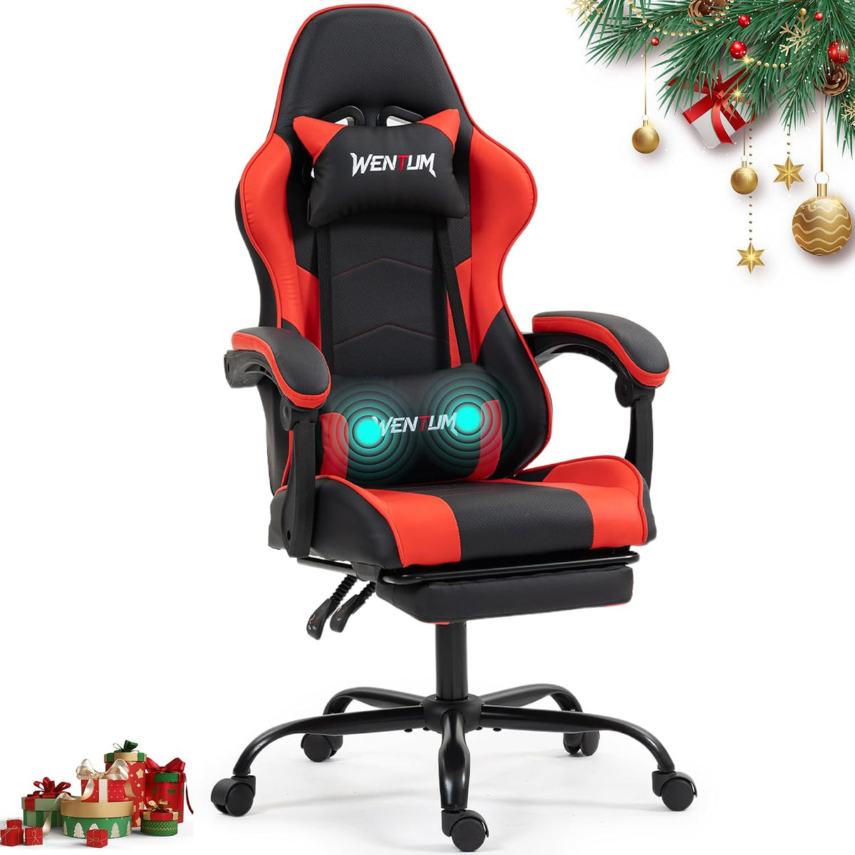 Gaming Chair with Footrest for Adults, PU Leather Massage Racing Video Game Chair w/Lumbar Support for Men Women, Ergonomic Computer Gamer Chair for Home Office, Height Adjustable, Red