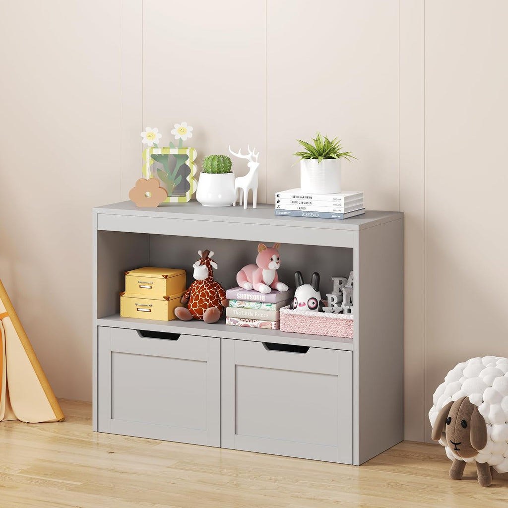Kids Furniture Set for Bedroom Toddler Table and Chair Desk Toy Box | Durable MDF storage with 2 drawers and open shelves. Safe rounded edges, anti-tip device, and hidden wheels. Perfect for