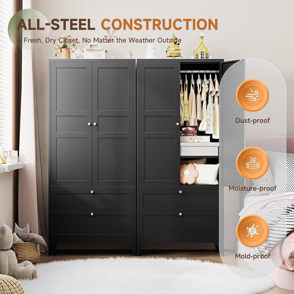 Letaya Metal Armoire Wardrobe Closet with Drawers,Clothing Storage Cabinet with Doors and Shelves,Coat Closet with Hanging Rod,Bedroom,Home,Cloak Room,Black-71 H x 32" W x 18" D