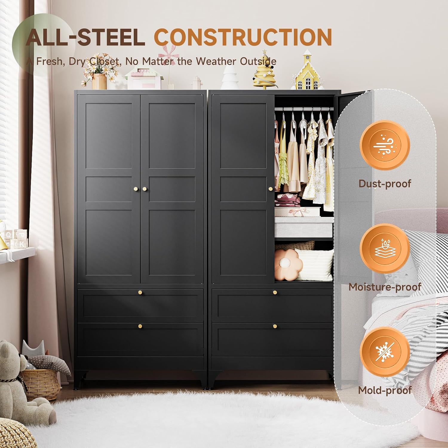 Letaya Metal Armoire Wardrobe Closet with Drawers,Clothing Storage Cabinet with Doors and Shelves,Coat Closet with Hanging Rod,Bedroom,Home,Cloak Room,Black-71 H x 32" W x 18" D