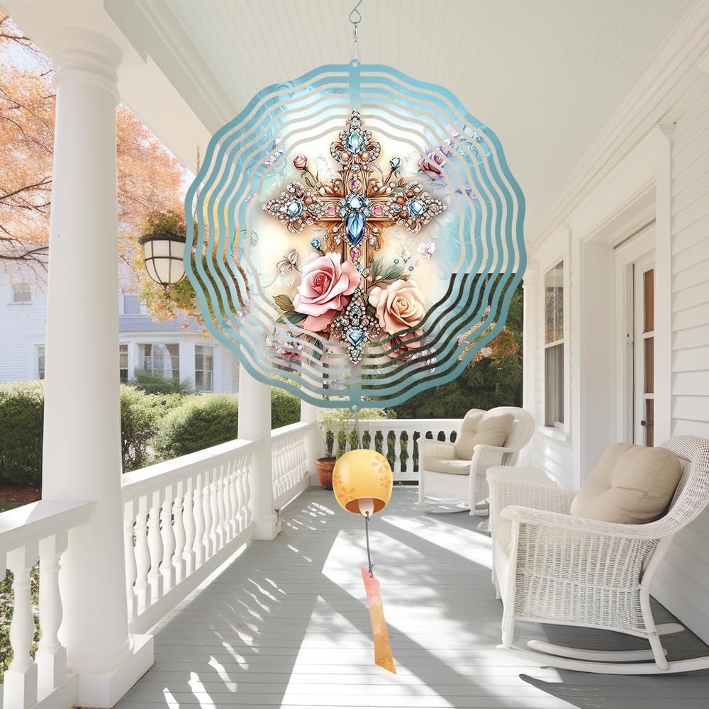 Cross Flower Wind Spinner, Metal Wind Spinners Outdoor/Indoor, God Cross Hanging Garden Decor for Outside, Stainless Wind Spinners for Yard and Garden 10 inch 3D (25.76X25 CM)
